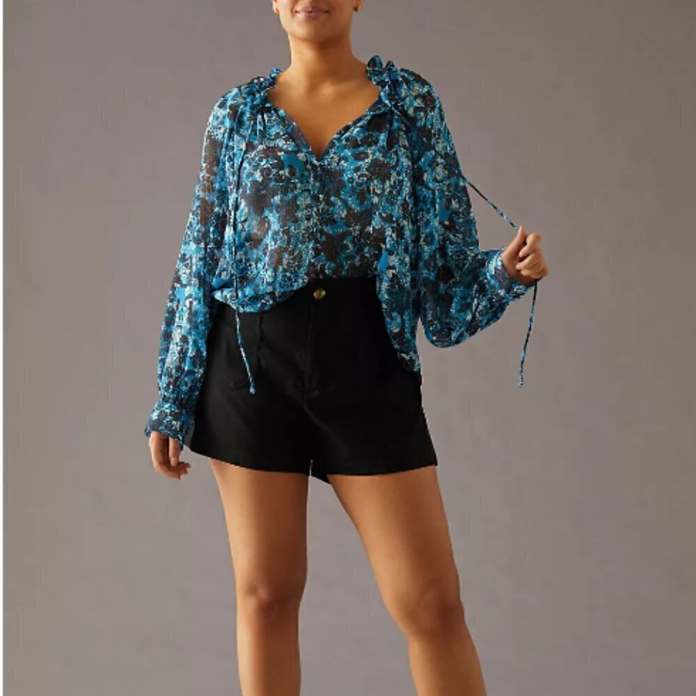 Anthropologie Sheer Printed Peasant Blue Floral Print Ruffle Blouse XSmall NWT